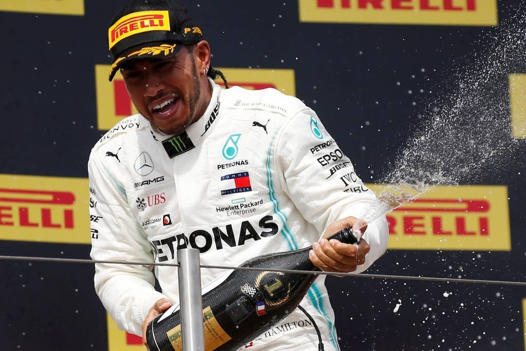 Lewis Hamilton comemora vitória da Fórmula 1, dia 23/6/2019