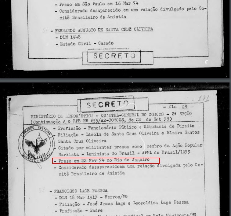 Documento produzido pelo Ministério da Aeronáutica sobre Fernando Santa Cruz