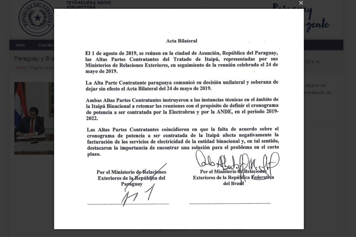 Documento que anula acordo sobre Itaipu