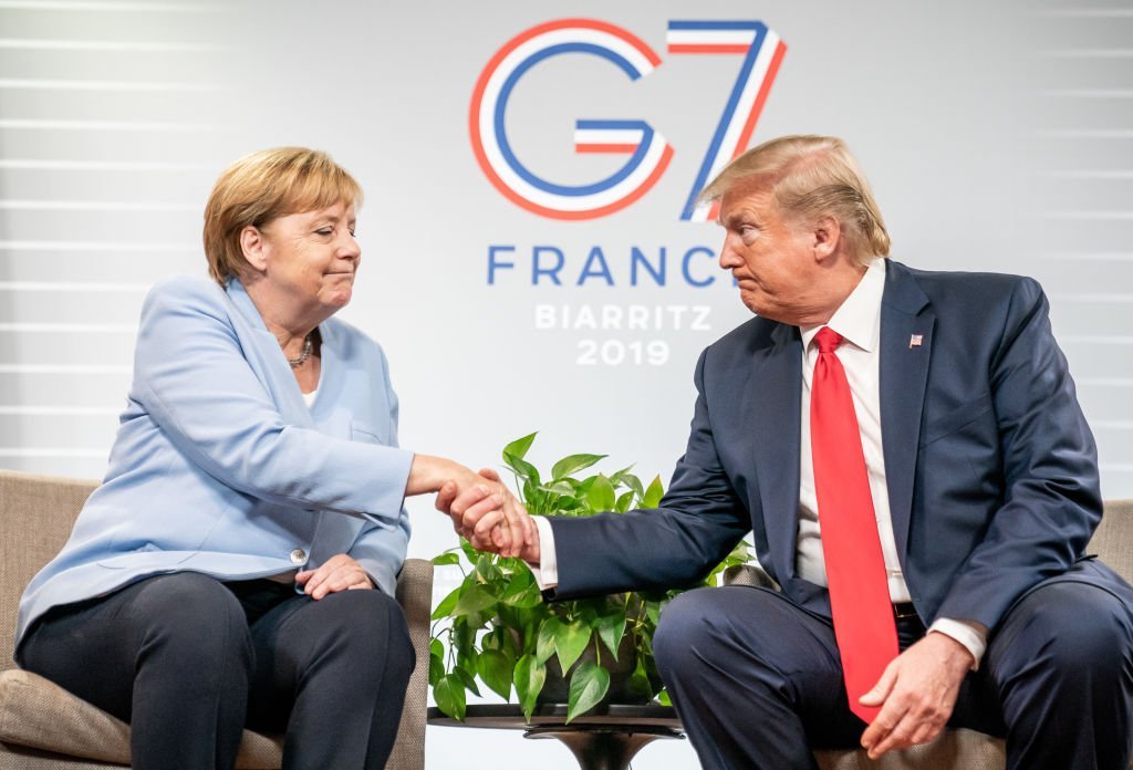 Primeira-ministra da Alemanha, Angela Merkel, e o presidente dos Estados Unidos, Donald Trump durante a cúpula do G7