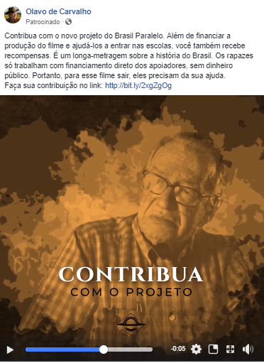 Página de Olavo de Carvalho no Facebook patrocinou propaganda de crowdfunding do Brasil Paralelo