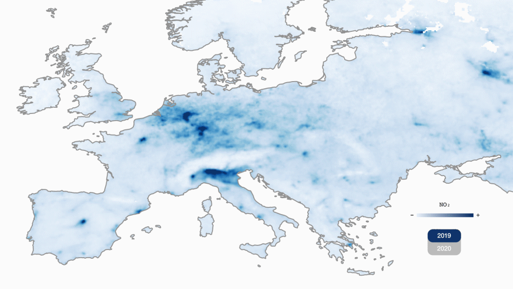 Coronavírus na Europa: emissão de dióxido de nitrogênio entre 5 e 25 de março na comparação com o mesmo período do ano passado