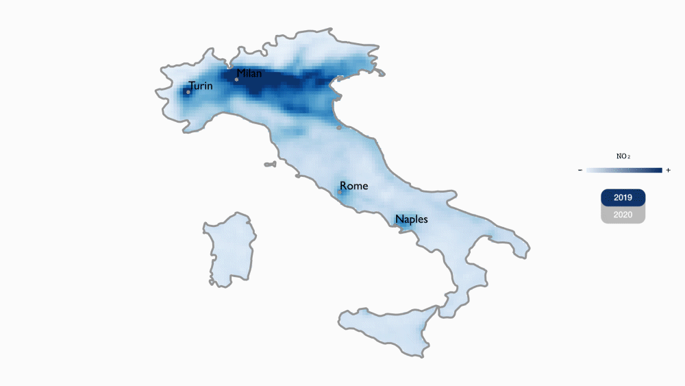 Coronavírus na Itália: emissão de dióxido de nitrogênio entre 5 e 25 de março na comparação com o mesmo período do ano passado