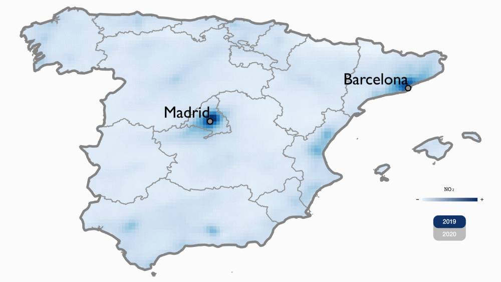 Coronavírus na Espanha : emissão de dióxido de nitrogênio entre 5 e 25 de março na comparação com o mesmo período do ano passado
