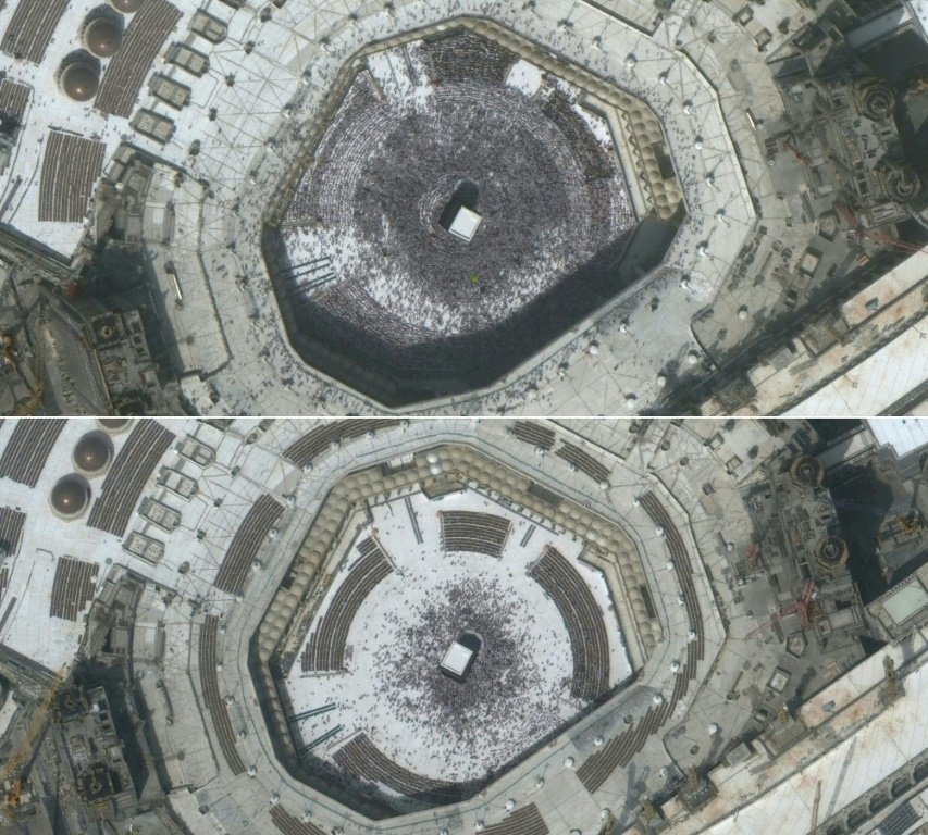 Duas fotos Caaba, local mais sagrado do Islã, em Meca, antes e depois do surto de coronavírus