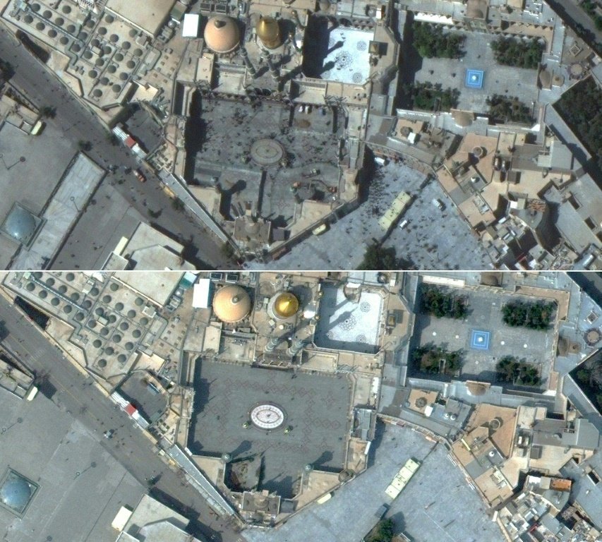 Santuário de Fátima Ma'sumeh em Qom, Irã, antes e depois do surto de coronavírus