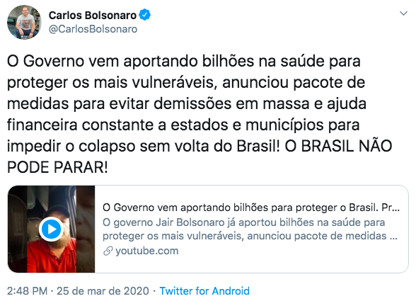 Carlos Bolsonaro também se engajou com a campanha “O Brasil Não Pode Parar” nas redes sociais