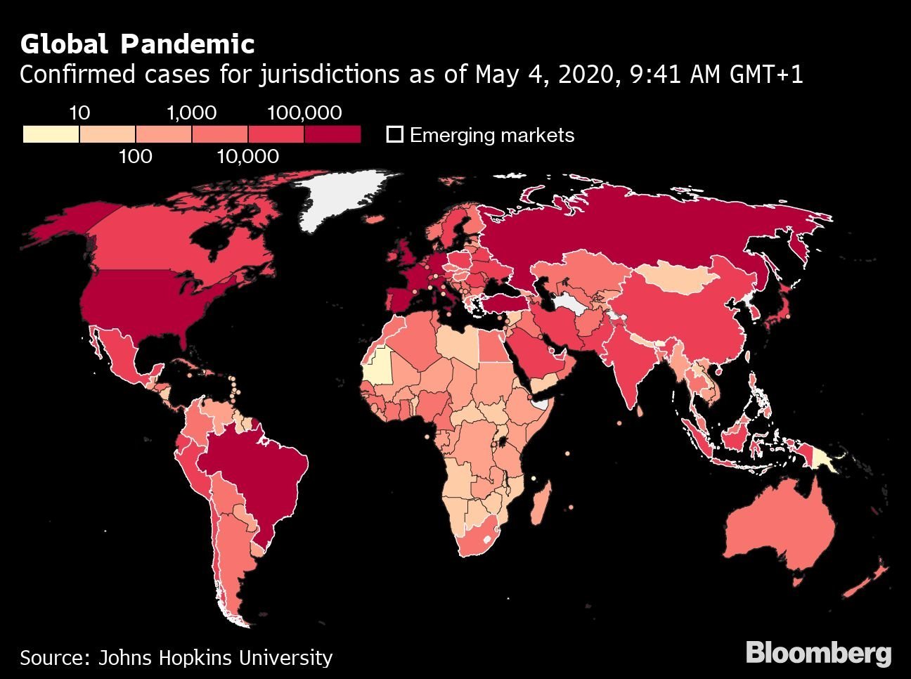 Pandemia global: casos confirmados até 4 de maio de 2020