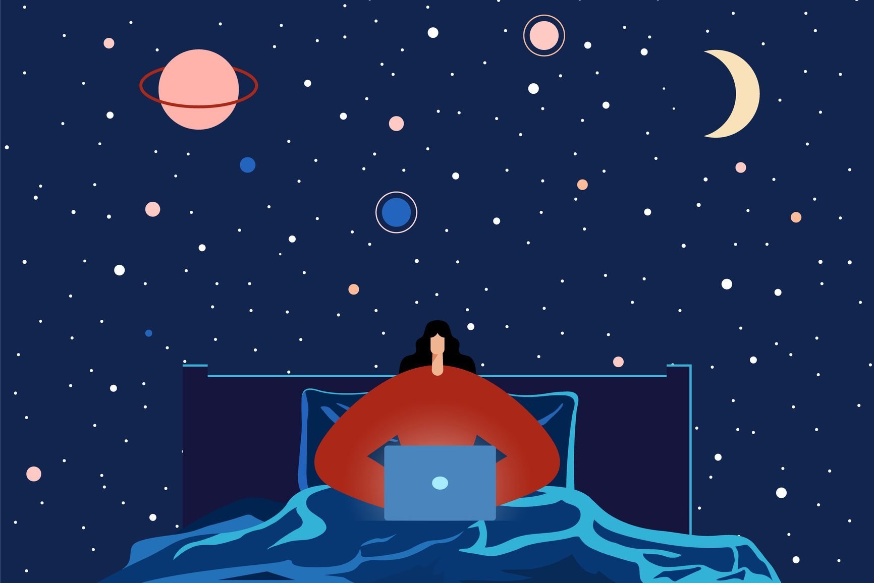 Ilustração mostra mulher trabalhando na cama com fundo de estrelas