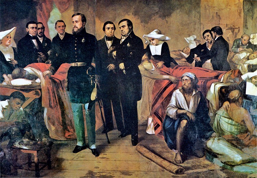 Pintura de François-René Moreau: Dom Pedro II visitando doentes de cólera em hospital no Rio em 1855