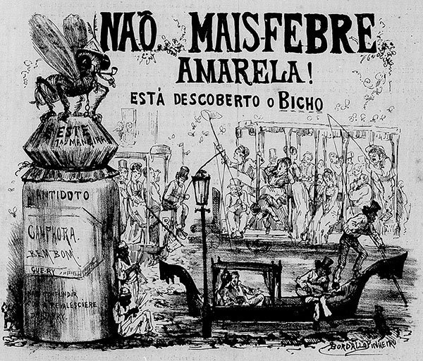 Charge sobre a febre amarela publicada em 1876: o mosquito só seria reconhecido como o transmissor da doença anos mais tarde (imagem: Biblioteca Nacional Digital)