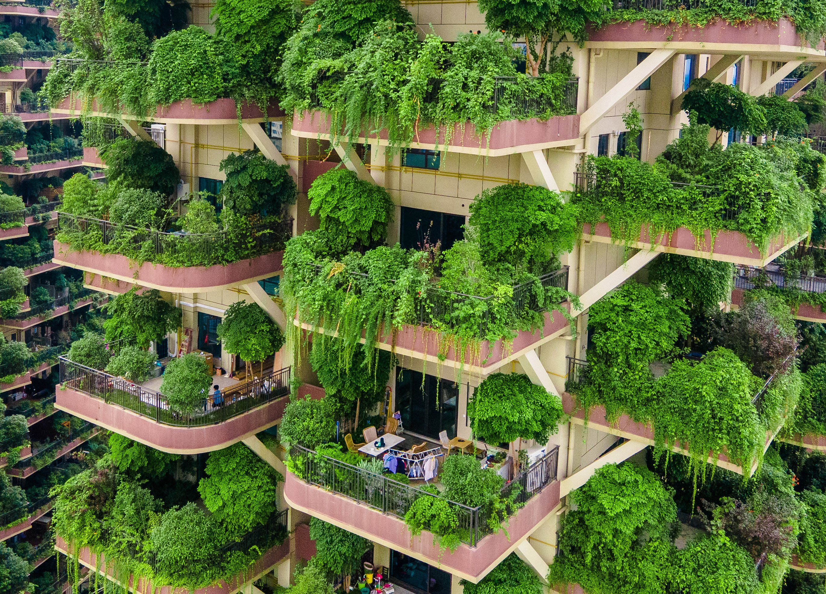 Apartamentos com varandas cobertas por plantas em conjunto residencial em Chengdu, província de Sichuan, no sudoeste da China