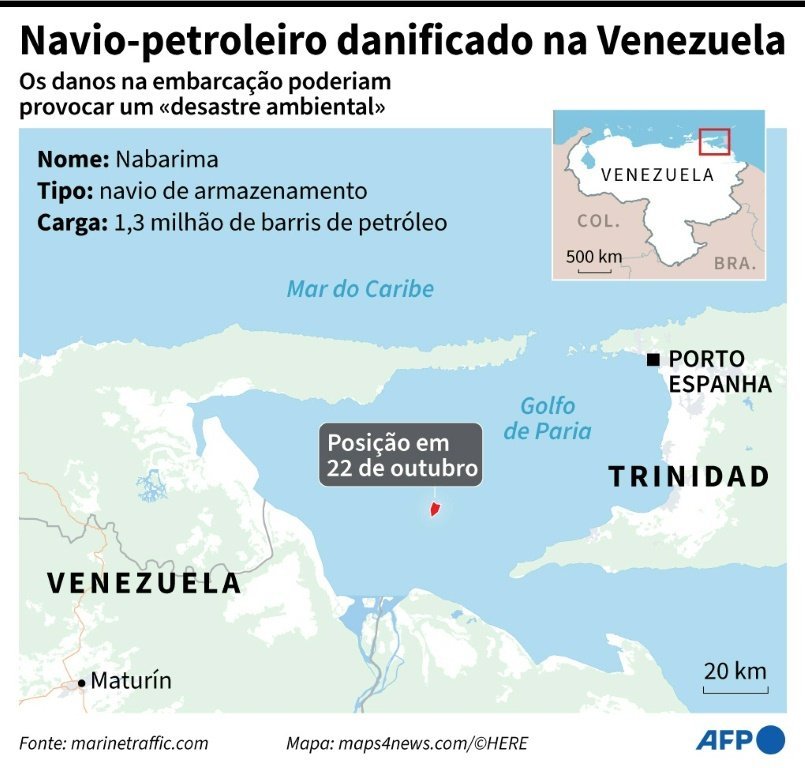 Mapa da Venezuela com a localização do navio de armazenamento de petróleo bruto danificado no Golfo de Paria, que poderia provocar um "desastre ambiental", segundo denúncias de dirigentes políticos, organizações ambientais e sindicalistas petroleiros.