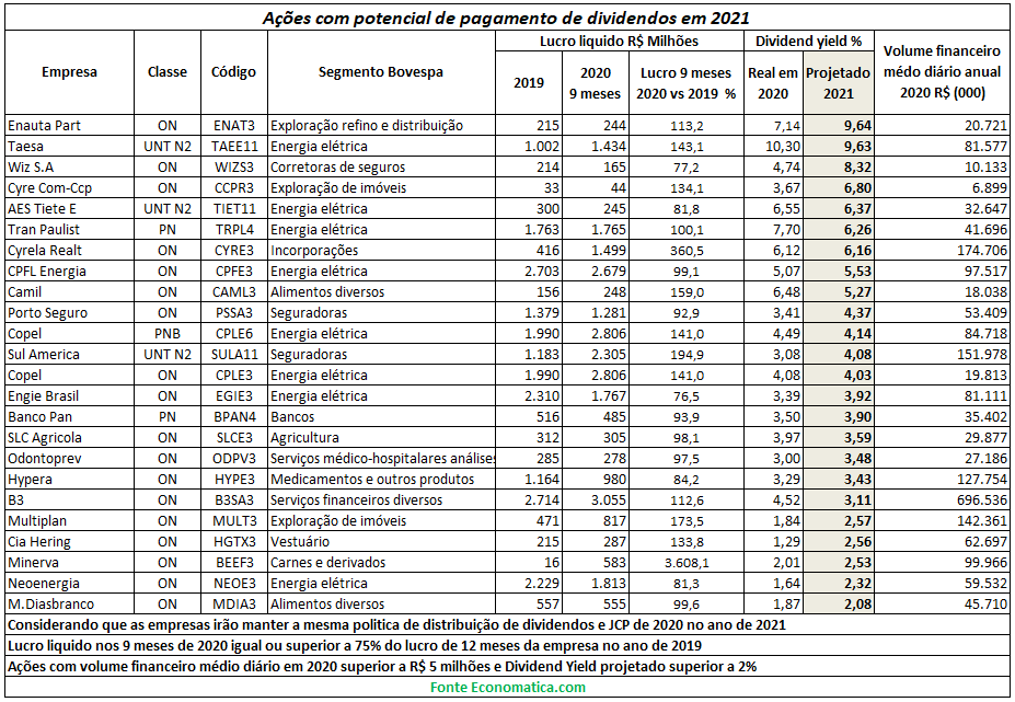 Levantamento Economatica Dividend Yield 2021