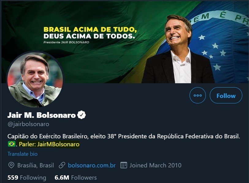 Bolsonaro anunciando Parler no Twitter