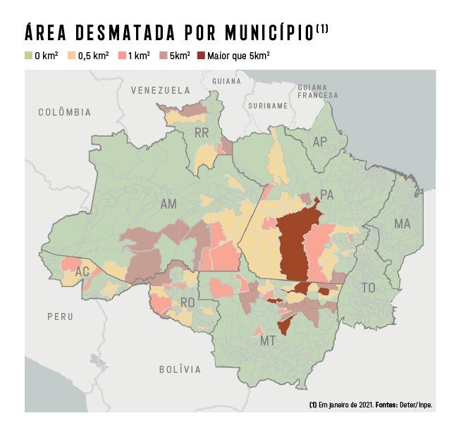 Mapa desmatamento Amazônia janeiro 2021