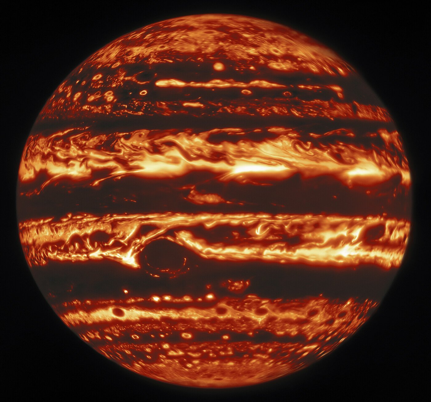 Imagem de Júpiter em infravermelho, captada pelo telescópio Gemini North