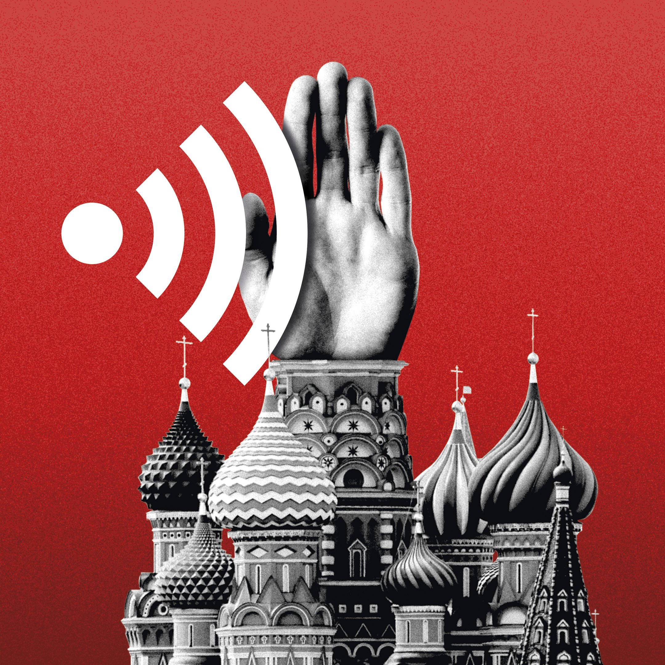 Montagem com símbolo de conexão com mão e repressão sobre o Kremlin