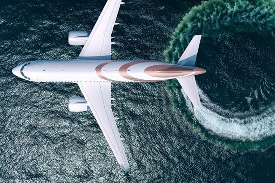 Avião da Prince Air sobre a água em representação gráfica